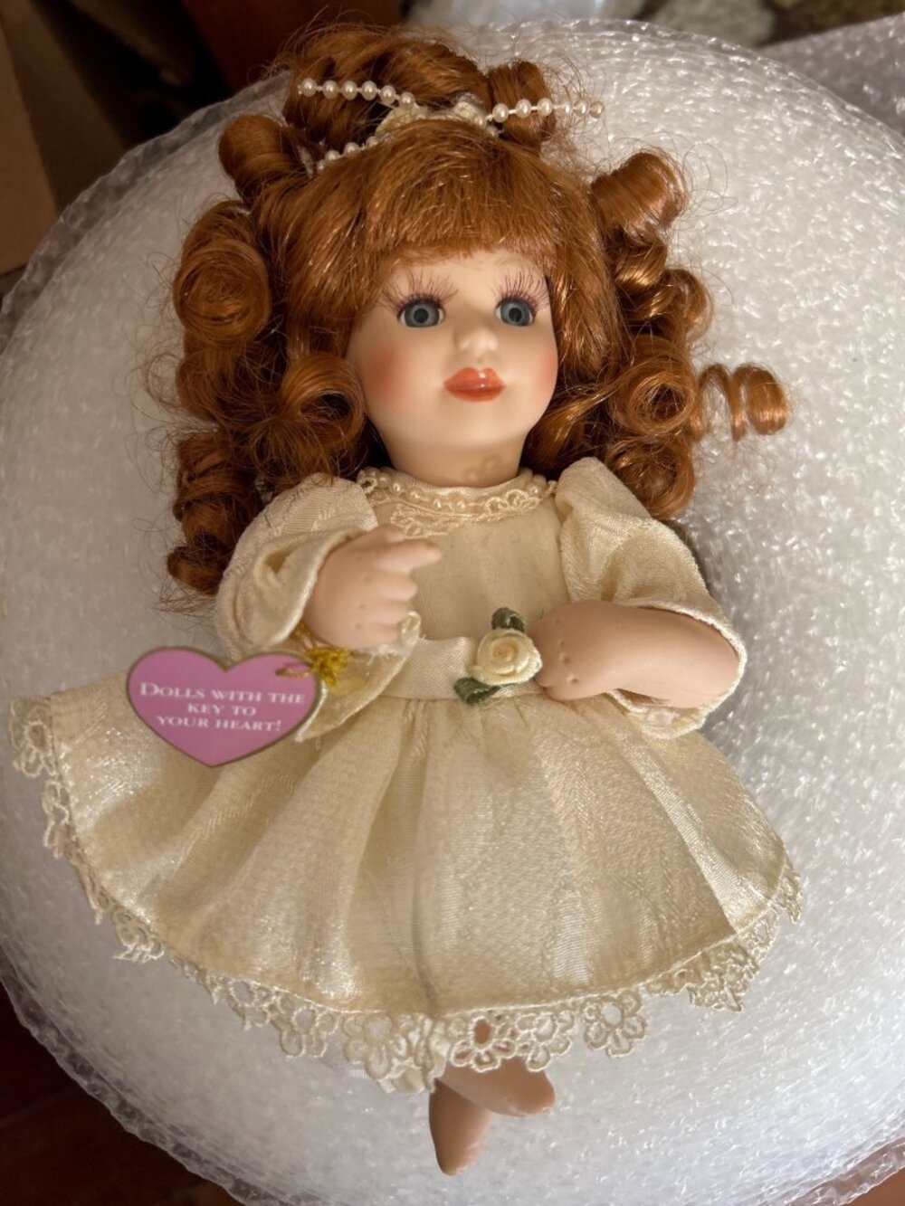 Vtg Brass Key Porcelain Doll In Lace Dress Red Curls Pearl Hairband Collectible